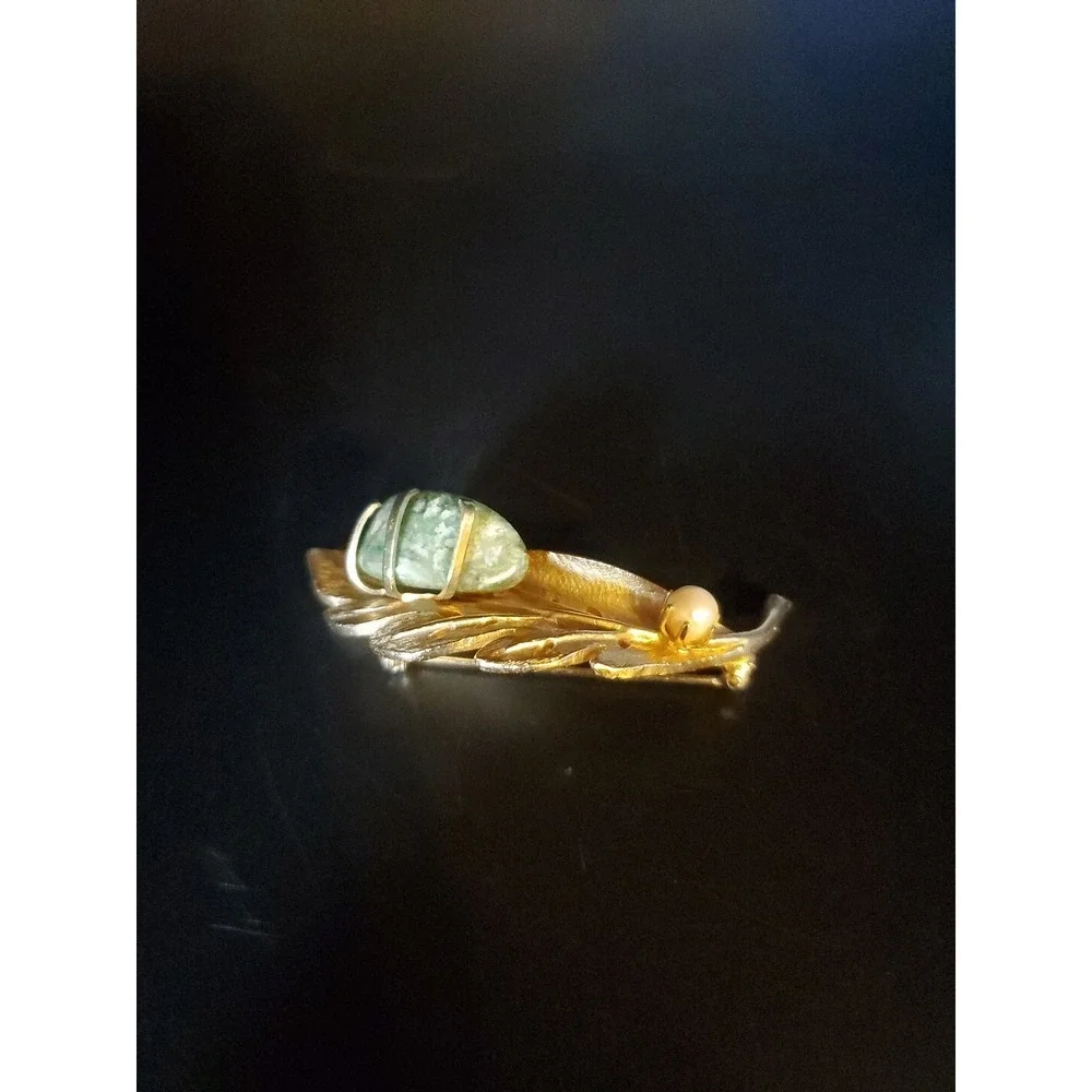 Vintage Kramer Goldtoned‎ Leaf Brooch With Green Agate And Pearl Accents 2 &1/2